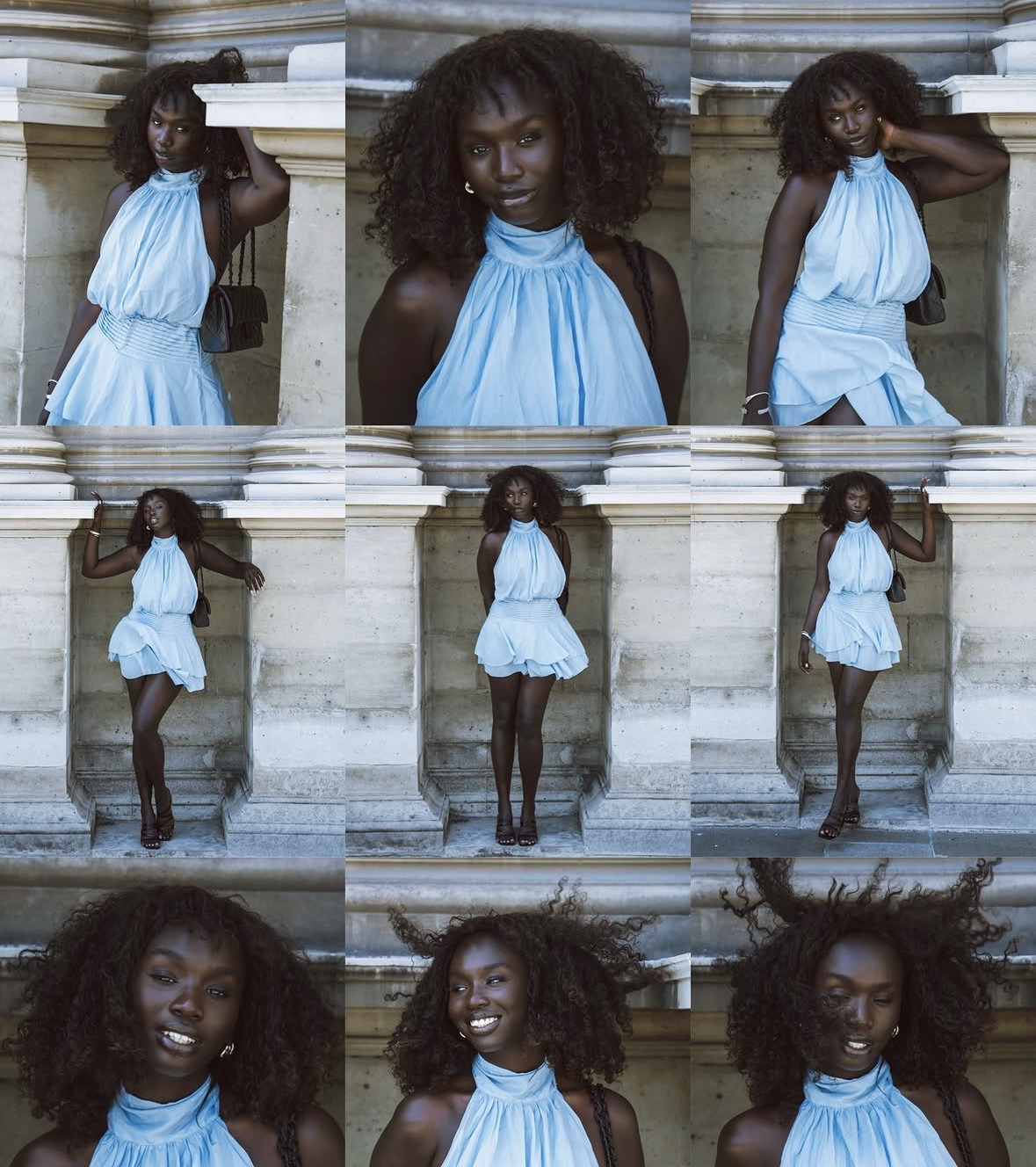 Série de portraits en robe bleue devant des colonnes
